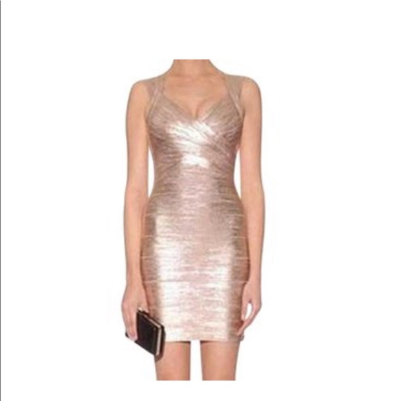 herve leger rose gold bandage dress